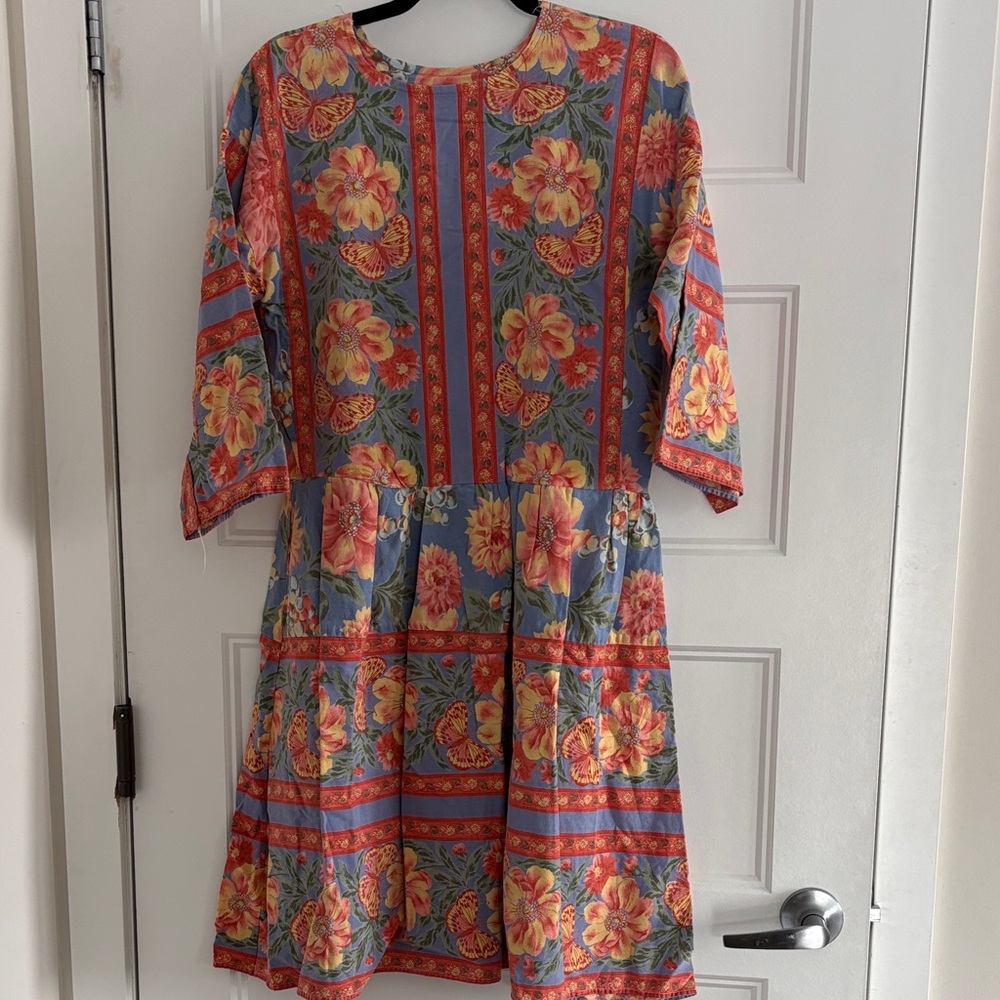 Upcycled Vintage Floral Long Sleeve Dress in Blue and Orange | Cotton